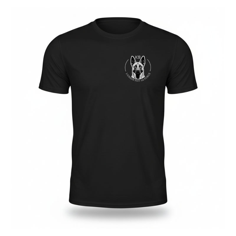T-shirt noir K9 L’Union fait la force avec tête de chien et inscription au recto